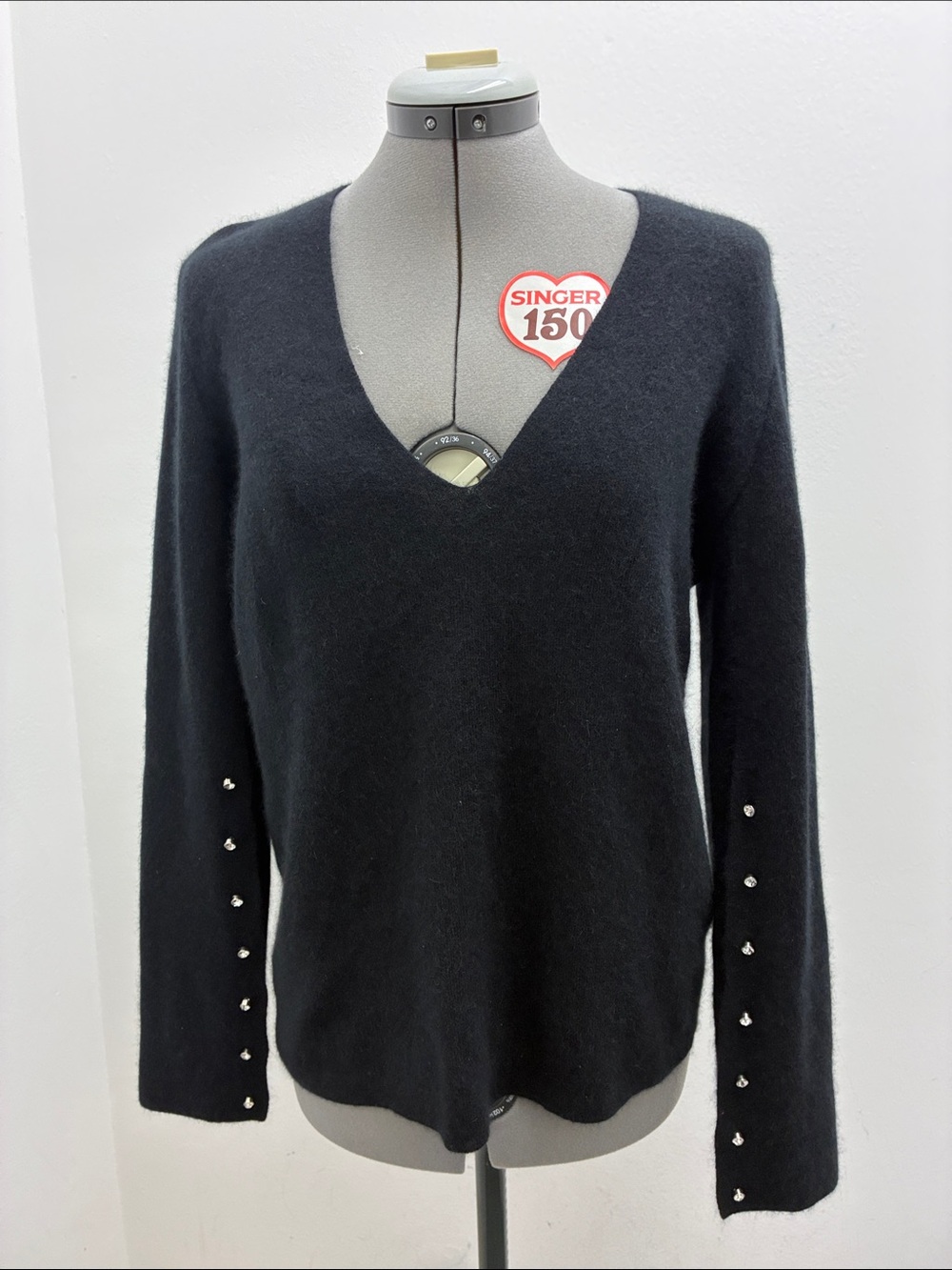 Yves Saint Laurent Black V-Neck Angora Sweater with Crystal Sleeve Studs